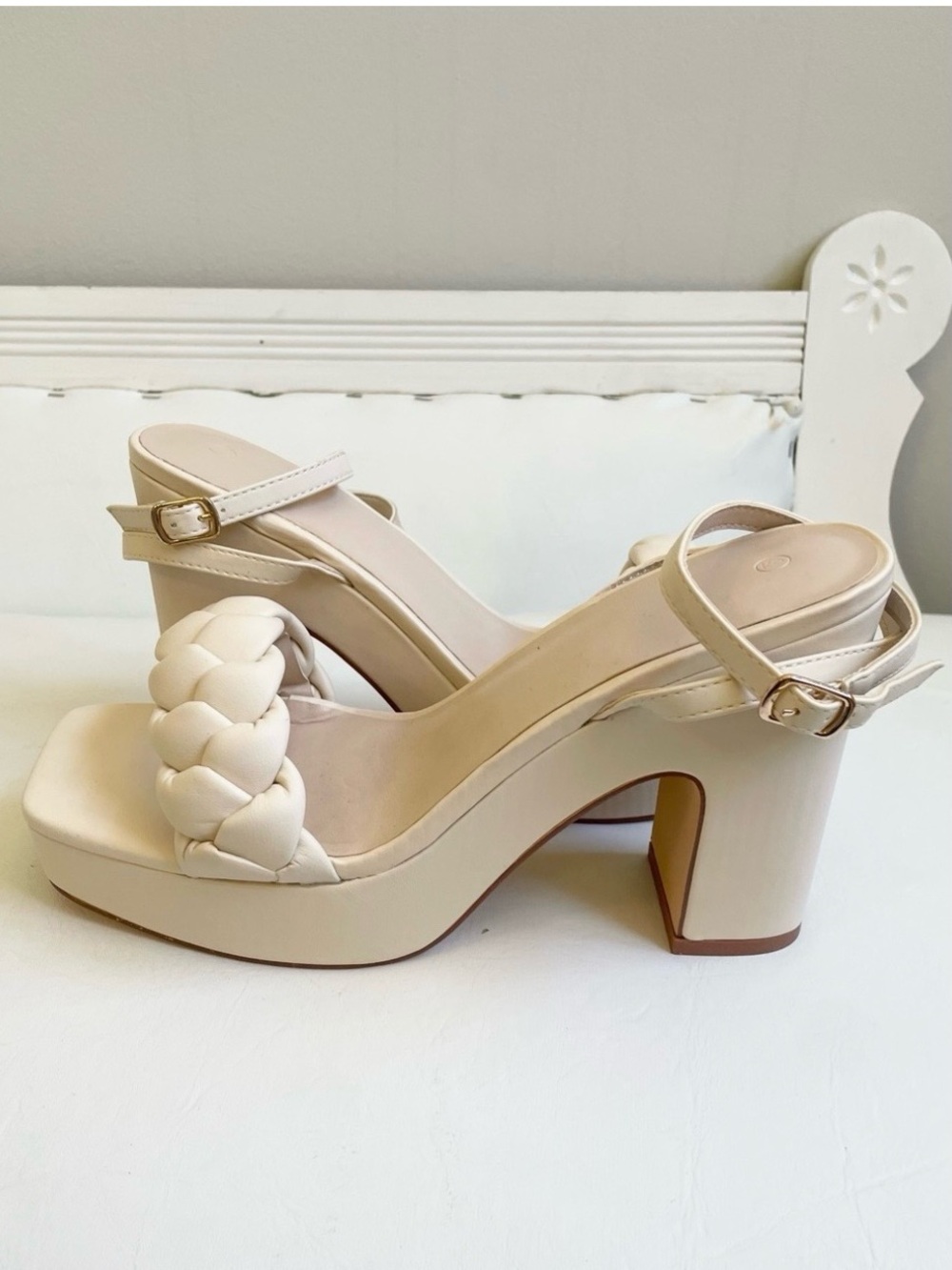 NUDE CREAM FAUX LEATHER PLATFORM CHUNKY HEEL ANKLE STRAP SHOES BRAIDED